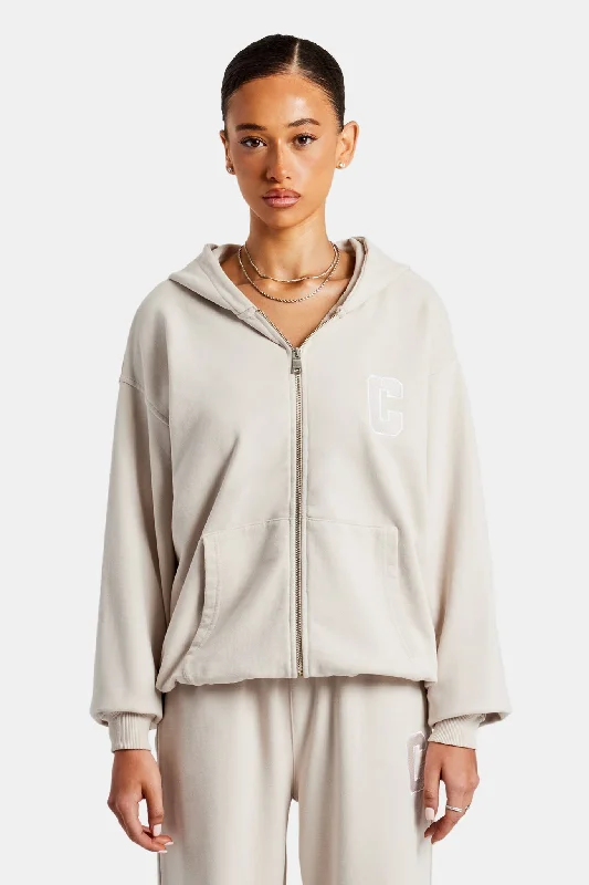 Crazy Deals C Embroidered Zip Through Hoodie - Stone