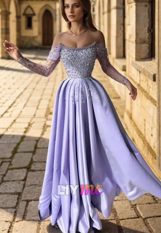 Crazy Deals LP2281 - Off-Shoulder Beaded Long Sleeves Pleated A-Line Prom Dress