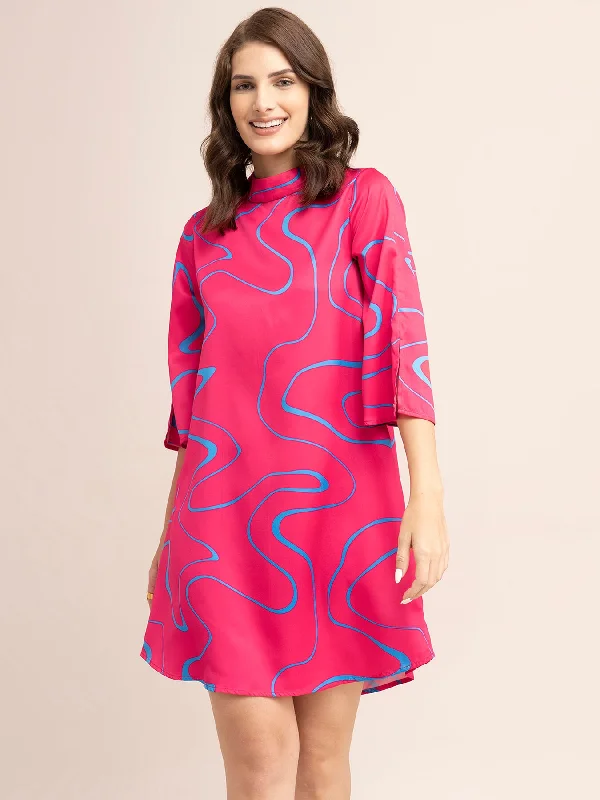 Price Reduction Satin Abstract Print Shift Dress - Fuchsia And Blue