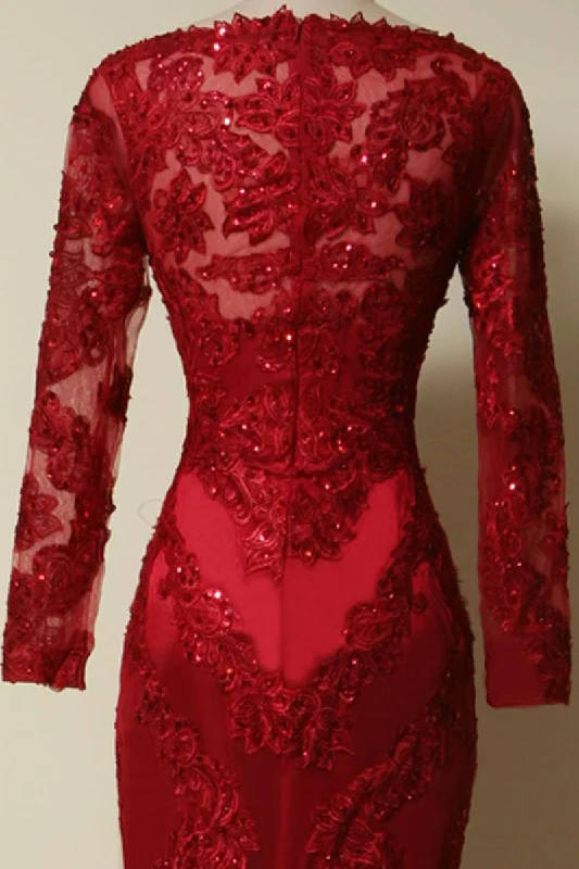 New Markdowns Elegant Long Sleeves Red Lace Mermaid Prom Dress, 2024 Party Dress, Evening Dress, 2024