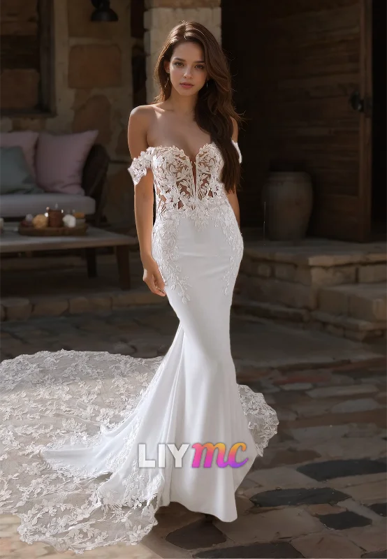 Daily Deals Off-Shoulder Strapless Lace Appliques Sleek Mermaid Wedding Dress