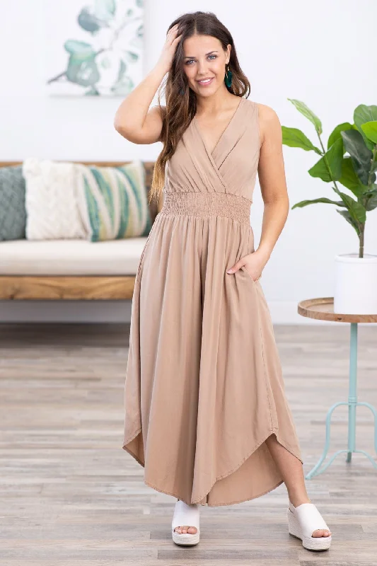 Tan Surplice Front Smocked Waist Jumpsuit