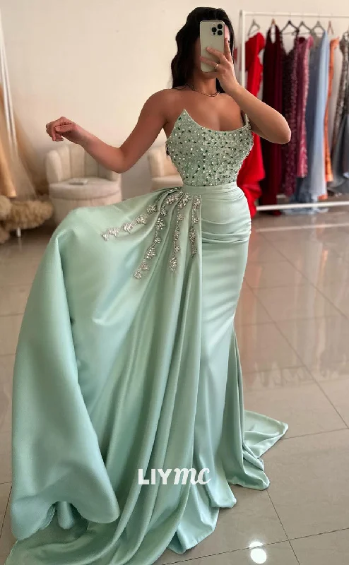 Discount Deals LP1969 - Scoop Sleeveless Beaded Appliques Ruched Sleek Satin Mermaid Prom Dress