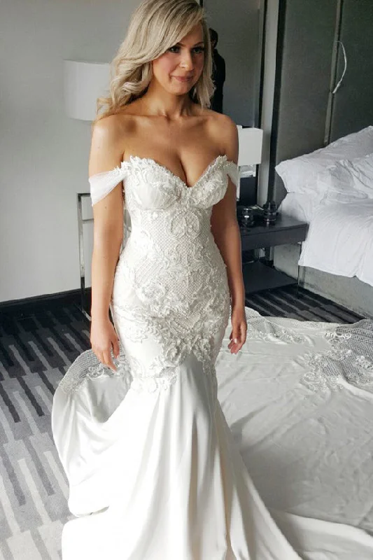 Mega Sale Mermaid Off-the-Shoulder Chapel Train White Satin Wedding Dress with Appliques JKW9004