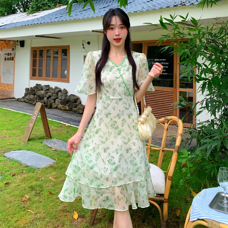 Factory Direct Sale Plus Size Green Leaf Cheongsam Dress