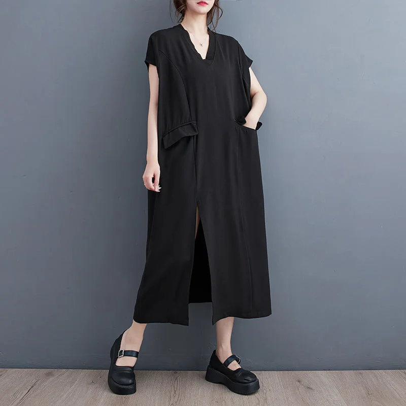 Exclusive Access Plus Size Black V Neck Slit Midi Dress