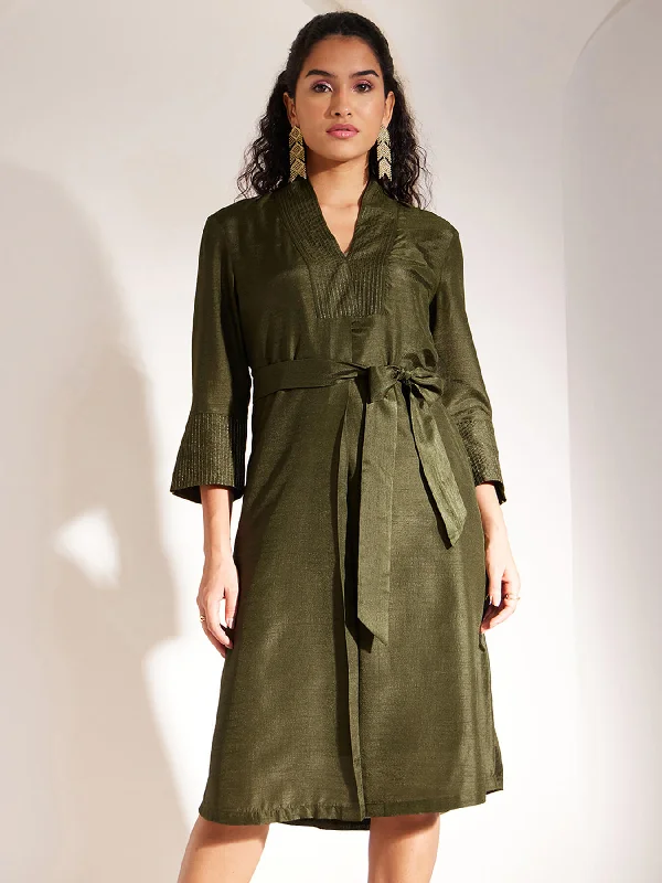 Price Slash Zari Detail Front Pleat Dress - Olive
