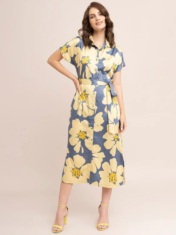Price Meltdown Satin Floral Print Shirt Dress - Yellow And Grey