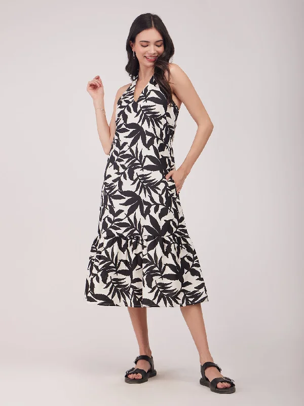 Deal Mania Linen A-line Backless Dress - Black And Off White
