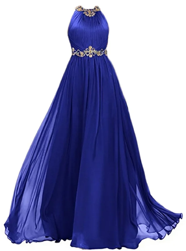 Online Only Womens Chiffon Beaded Prom Dress, Jewel Long Evening Dress, A Line Prom Gown With Gold Belt