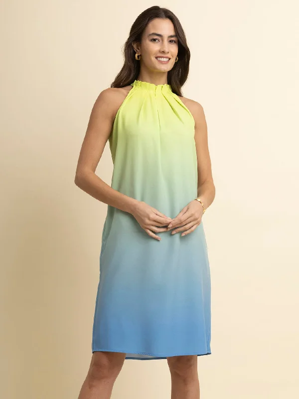 Savings Spectacular Box Pleat Ombre Dress - Green and Blue