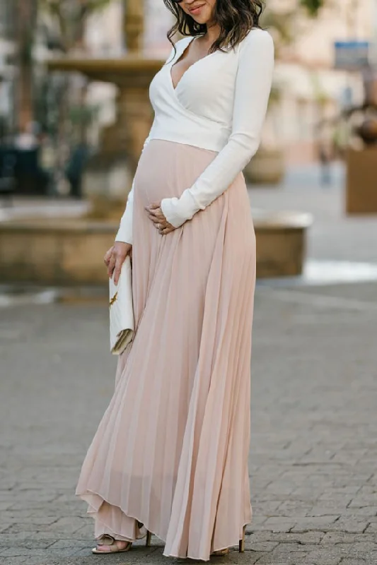 Year-End Clearance Custom Two-tone Pleated Long Sleeves Maternity Dress