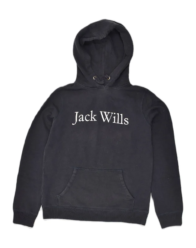 JACK WILLS Womens Graphic Hoodie Jumper UK 8 Small Navy Blue Cotton