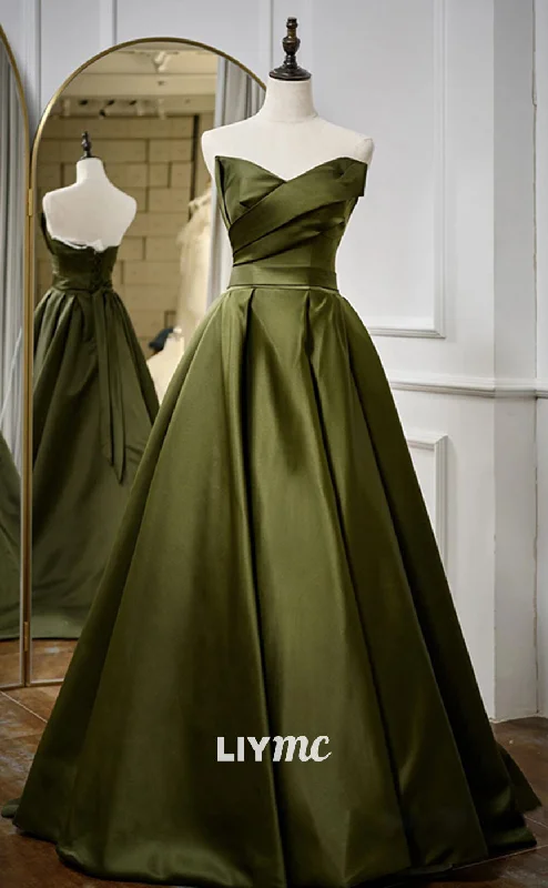 Epic Deals LP627 - Strapless V Neck Pleated Satin A Line Long Prom Evening Dress