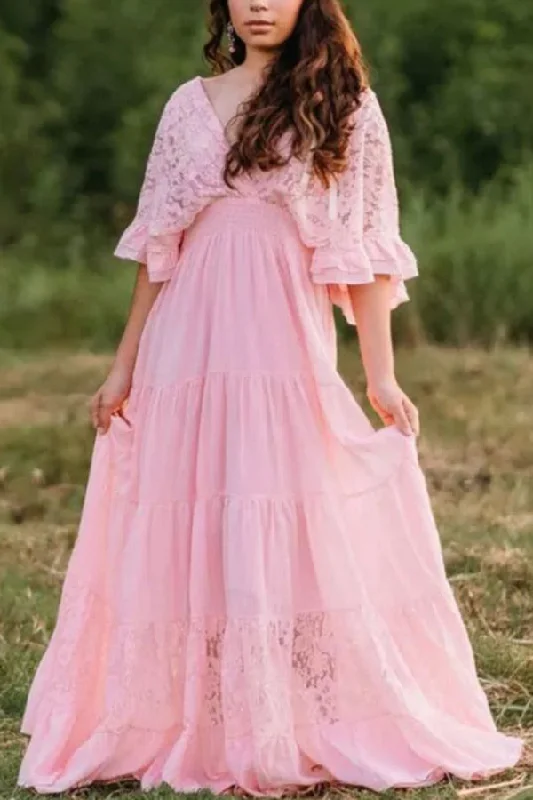 Special Discount Custom Pink Lace Puffy Sleeves Maternity Photoshoot Gown