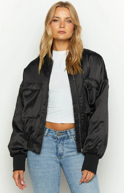 Keziah Black Satin Bomber Jacket