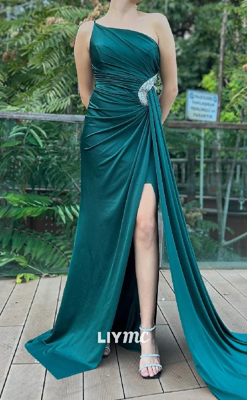 Unbeatable Prices LP2176 - Asymmetrical Sleeveless Pleated Ruched Satin High Slit Prom Dress Unbeatable Prices LP2176 - Asymmetrical Sleeveless Pleated Ruched Satin High Slit Prom Dress
