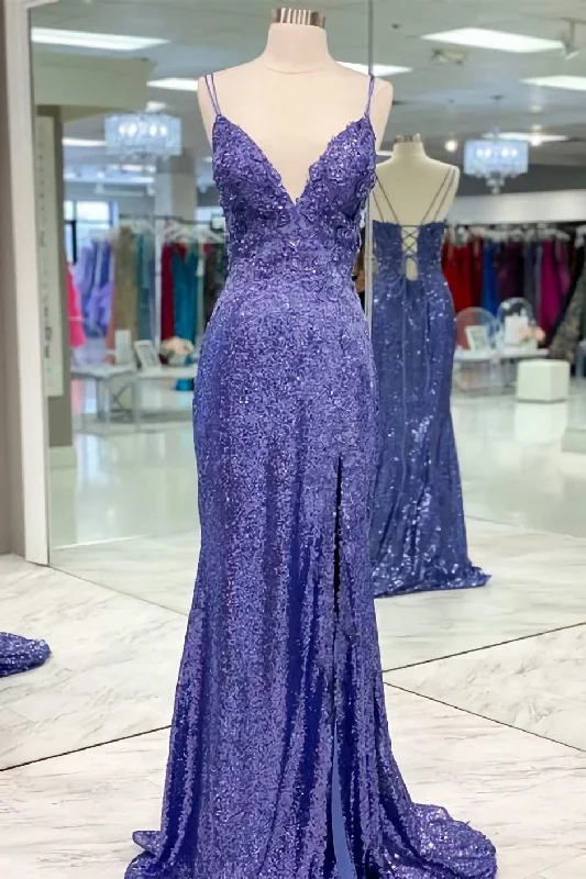 Year-End Clearance Tight Purple Sequined Long Prom Dress, With Slit