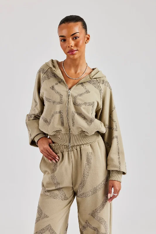 Special Promotion Rhinestone Cross Boxy Zip Hoodie - Khaki