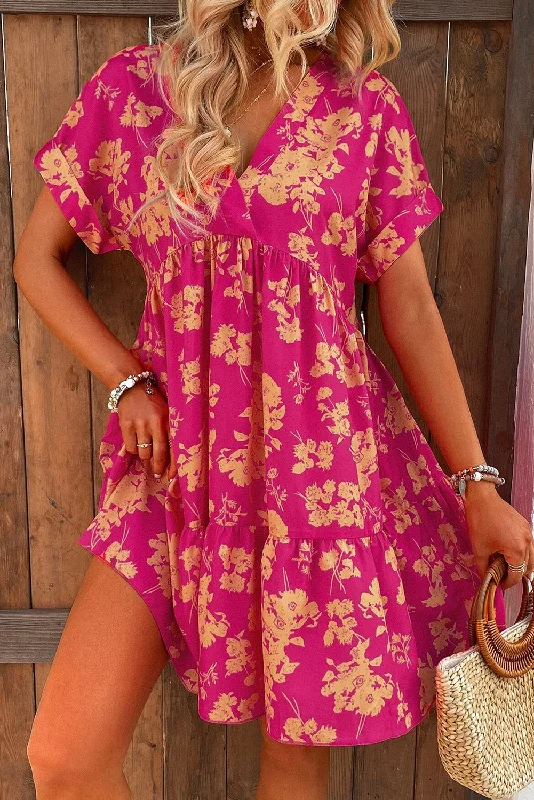 Deep Discounts Rose Floral Short Sleeve Surplice Neck Ruffled Mini Dress