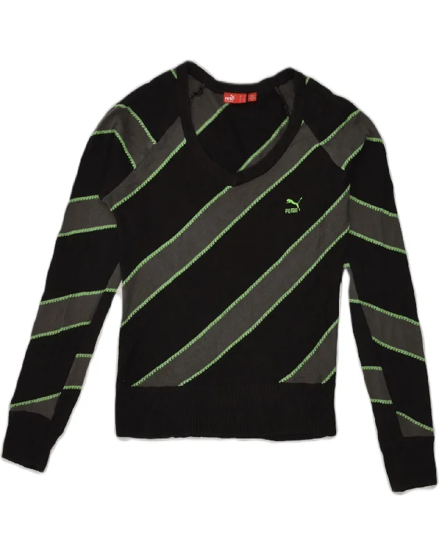 Midnight Sale PUMA Womens V-Neck Jumper Sweater UK 12 Medium Black Striped Cotton