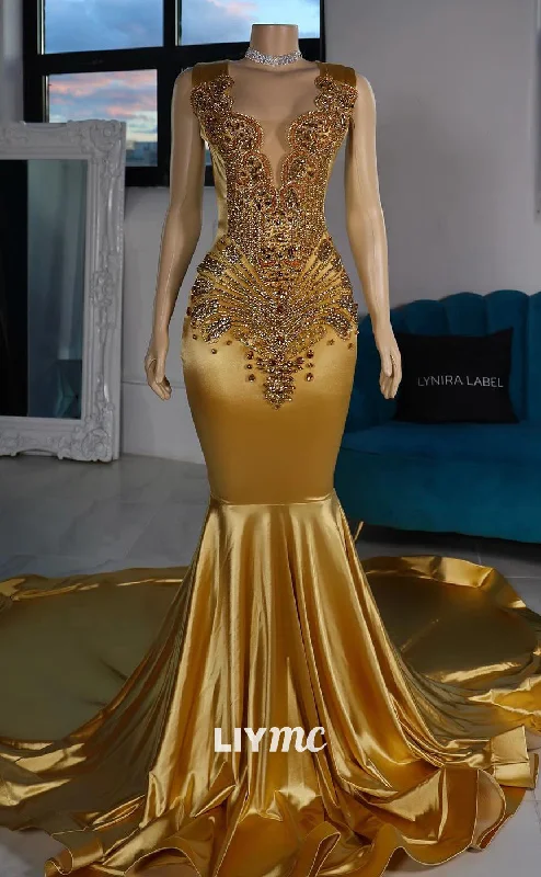 Low Prices LP2206 - V-Neck Sleeveless Appliques Sleek Satin Memriad Prom Dress