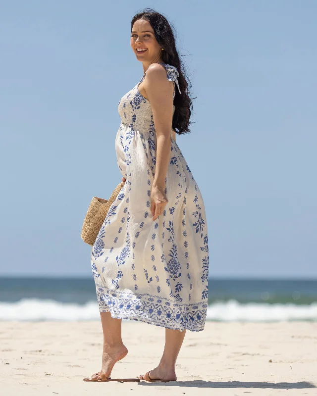Time-Limited Offer Aenor Blue Border Print Summer Dress