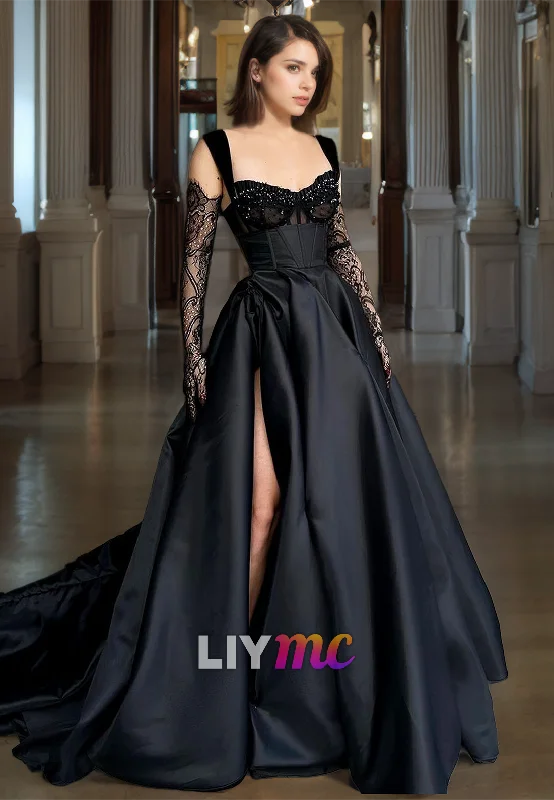 Special Discount LP314 - A-Line V-Neck Beaded Lace Satin Long Prom Evening Dress