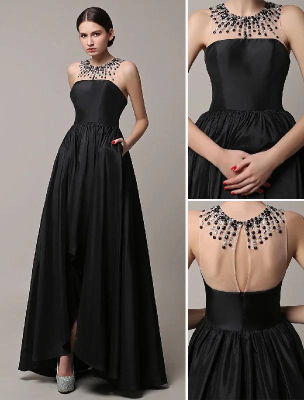 Seasonal Clearance Charming Black High Low Beading Illusion Neckline Taffeta Evening Dress