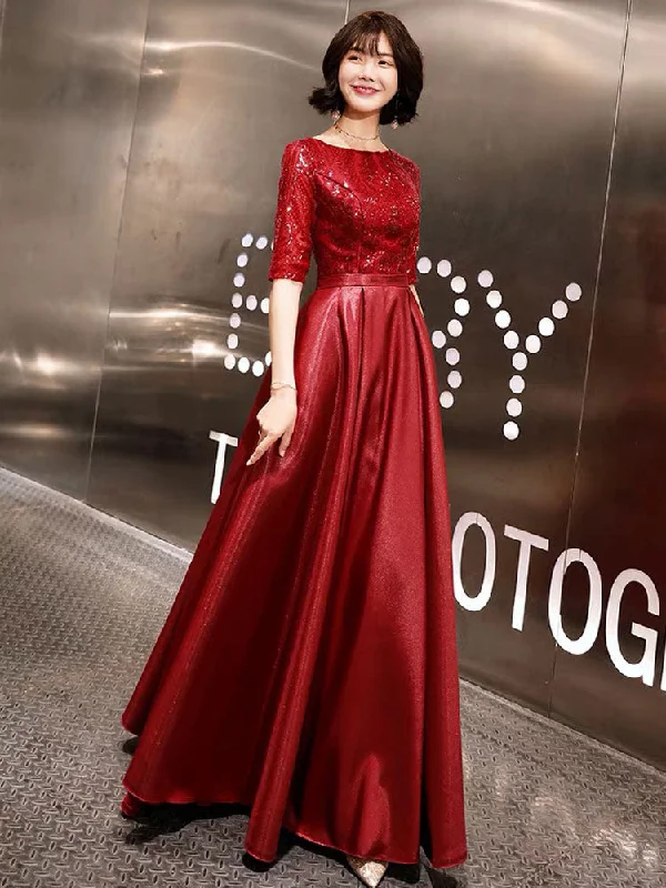 Unbeatable Prices Stunning Evening Dresses Burgundy Half Sleeve Sequin Satin Floor Length Long Prom Gown