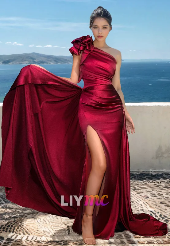 Price Drop One Shoulder Sleeveless Pleated High Slit Sheath Formal Dress