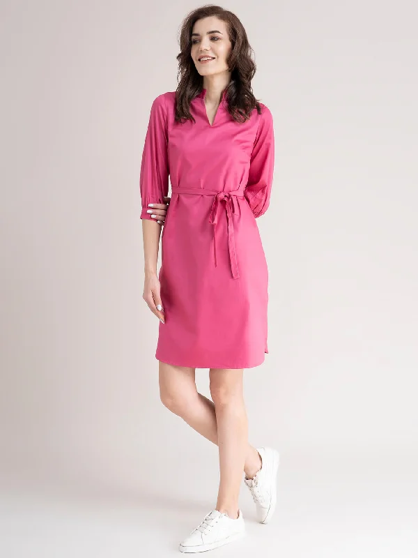 Act Now Cotton V Neck Dress- Pink