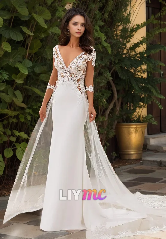 Epic Deals V-Neck Long Sleeves Lace Appliques Sleek Mermaid Wedding Dress