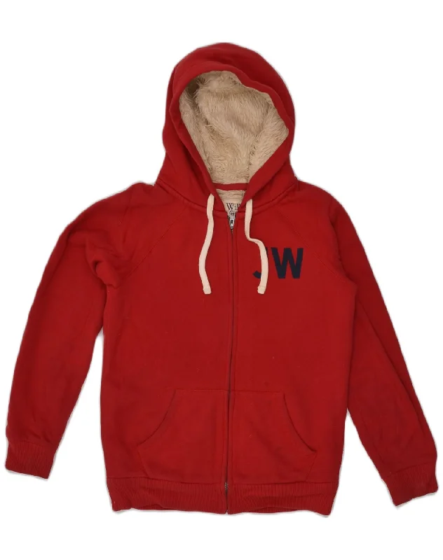 Bargain Bin JACK WILLS Womens Sherpa Graphic Zip Hoodie Sweater UK 10 Small Red Cotton