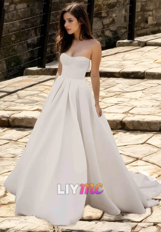 Deep Discounts Semi-Sweetheart Sleeveless Pleated Satin A-Line Wedding Dress