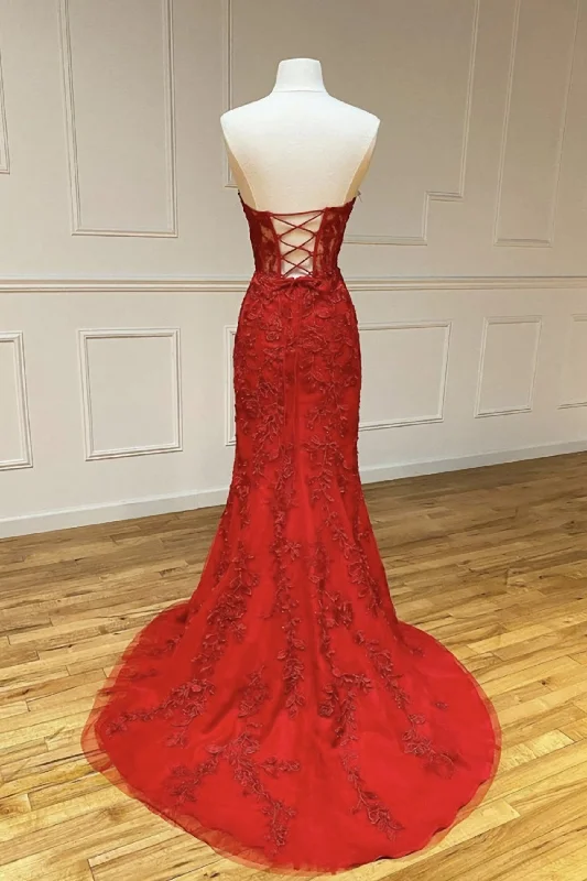 Low Prices Strapless Sweetheart Neck Mermaid Red Lace Long Prom Dress, Mermaid Red Lace Formal Dress, Red Lace Evening Dress Low Prices Strapless Sweetheart Neck Mermaid Red Lace Long Prom Dress, Mermaid Red Lace Formal Dress, Red Lace Evening Dress