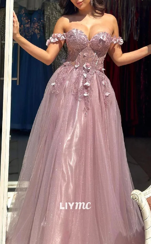 Price Cut LP2181 - Off-Shoulder Strapless Floral Embellished A-Line Prom Dress