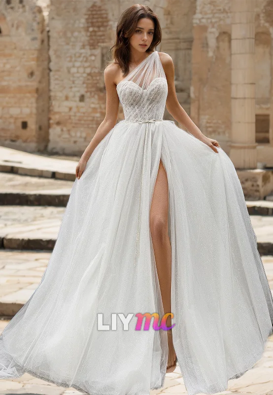 Take Advantage One Shoulder Sleeveless Pleated Tulle A-Line Wedding Dress