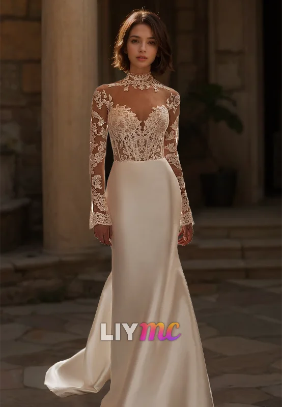 Super Sale High Neck Long Sleeves Lace Appliques Sheath Boho Wedding Dress