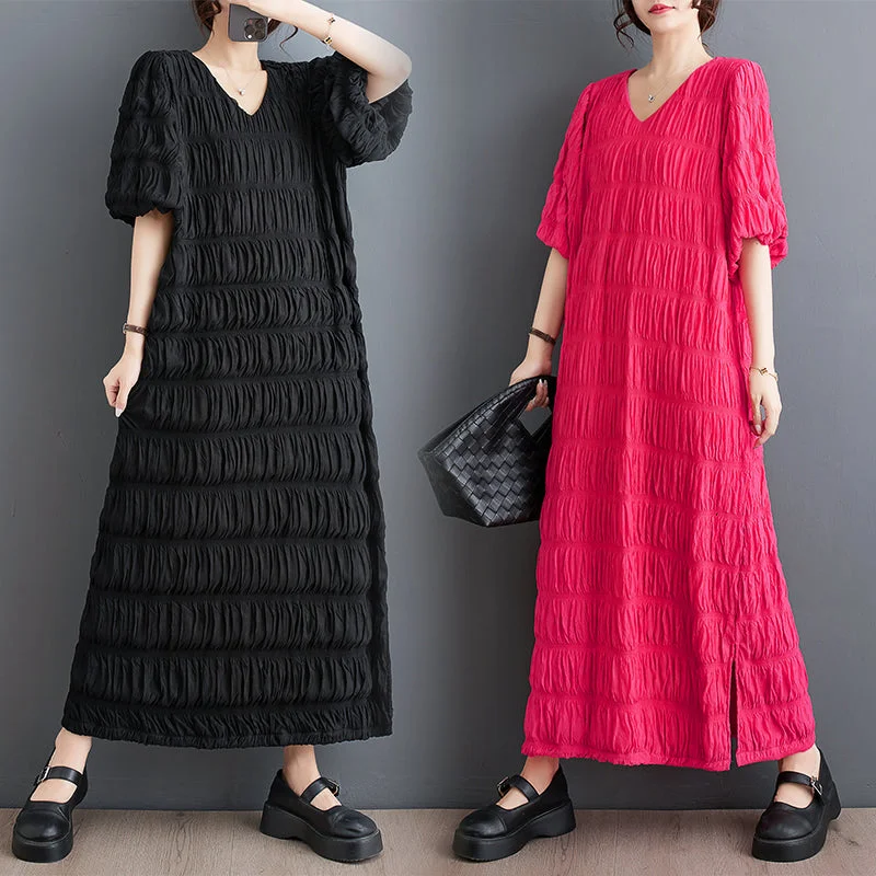 Big Discounts Plus Size Textured V Neck Midi Dress