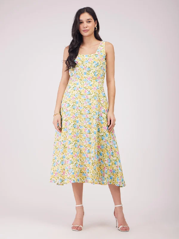 Crazy Deals Fit And Flare Floral Dress - Yellow