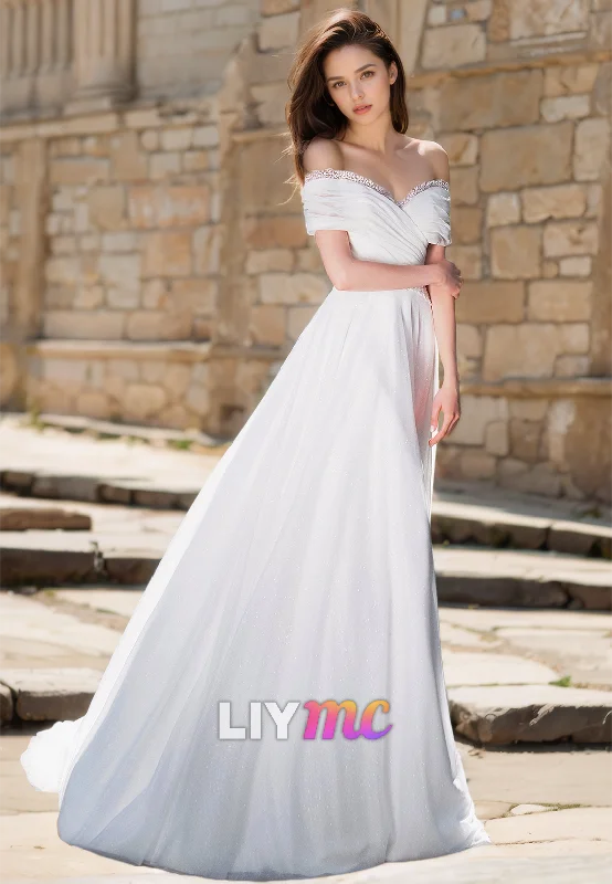 Deal Explosion Off-Shoulder Sleeveless Pleated Sleek A-Line Simple Wedding Dress