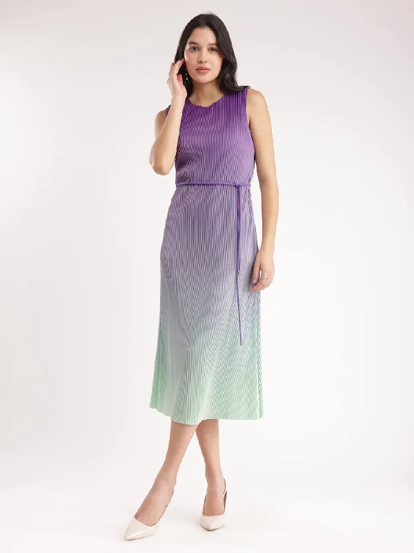 Ombre Pleated Knit Dress - Purple