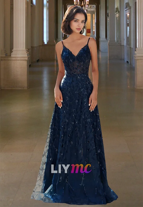 Daily Deals V-Neck Spaghetti Straps Appliques A-Line Prom Dress