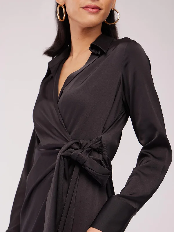 Discount Deals Satin Wrap Collared Dress - Black
