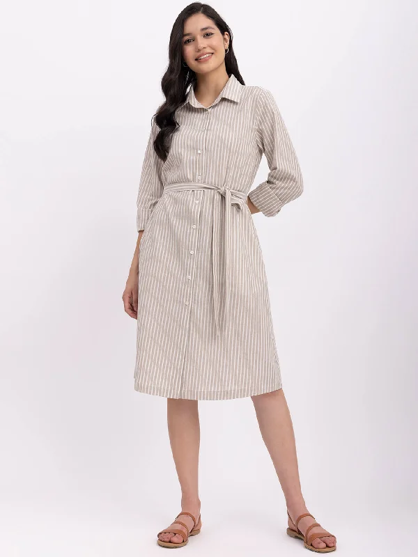 Unmissable Offer Cotton Striped Shirt Dress - Beige