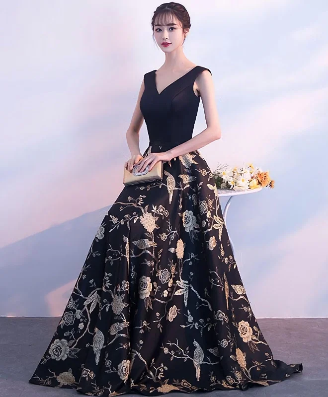 Loyalty Reward Black V Neck Floral Pattern Long Prom Dress, Evening Dress