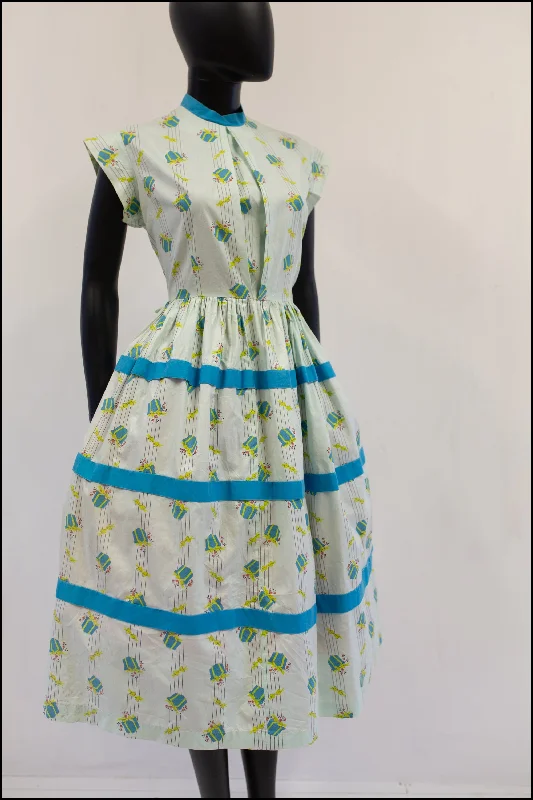 Vintage 1950s Blue 'Present' Bow Print Dress