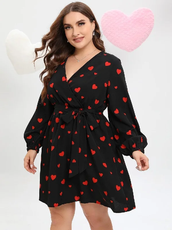 Act Fast Allover Heart Print Belted Midi Dress