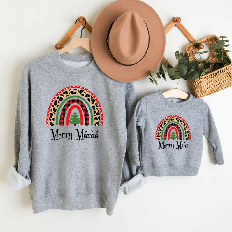 Merry Mama & Mini Christmas Rainbow Matching Grey Sweatshirts